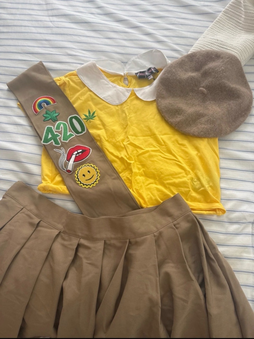 Dolls Kill Yellow Peter Pan Collar Top with Tan Pleated Skirt & Sash